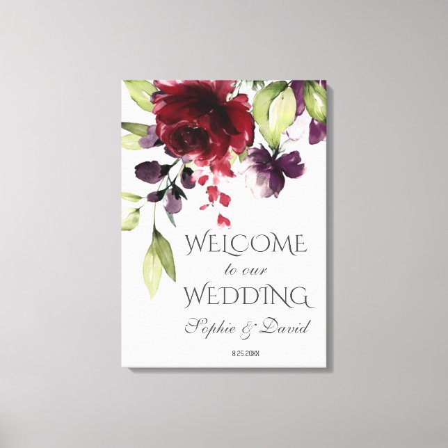 Lienzo Charm Burgundy Morple Floral Bienvenida Boda Rótul (Anverso)