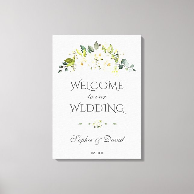 Lienzo Charm White Cream Floral Welcome Boda Rótulo (Anverso)