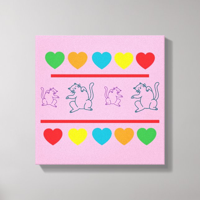 Lienzo Cheerful Cats & Rainbow Hearts Canvas Print (Anverso)