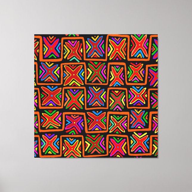 Lienzo Cheques tribales de Mola indias kuna - Rojo (Anverso)