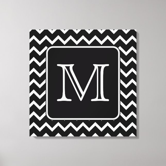 Lienzo Chevron blanco y negro con monograma Personalizado (Anverso)