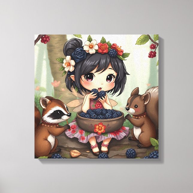 Lienzo Chibi Fairy Eating Blackberries with Forest Friend (Anverso)