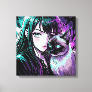 Lienzo Chica anime bonita y gato siamés