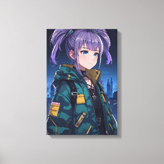 Lienzo Chica Anime Cyberpunk Coletas Chaqueta Camuflaje A
