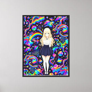 Lienzo Chica Anime Psicodélico Patrón Arcoíris Neon