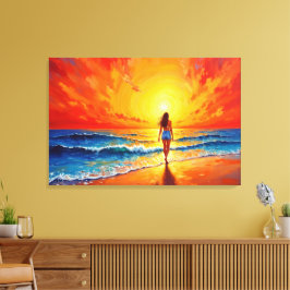 Lienzo Chica atardecer playa caminar olas oceánicas decor