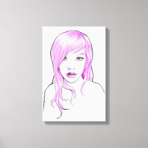 Lienzo Chica bonita Retrato de dibujo animado Pelo rosa C