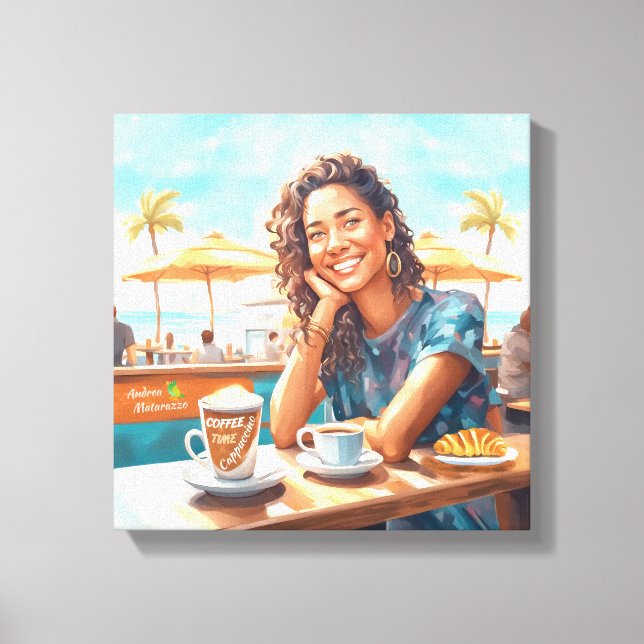 Lienzo Chica con pausa para café (Anverso)