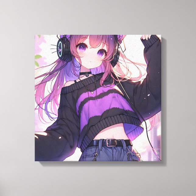 Lienzo Chica de anime bonito en audífonos con orejas del  (Anverso)