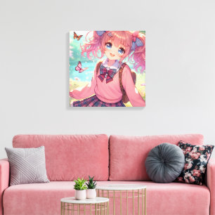 Lienzo Chica de anime bonito en cócteles rosados