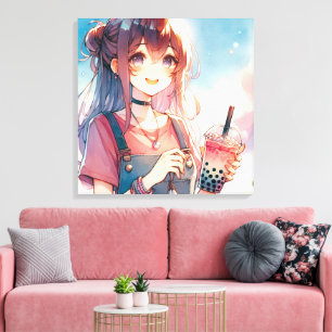 Lienzo Chica de anime lindo sosteniendo un té Boba