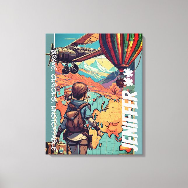 Lienzo Chica de aventuras, tema de viajes personalizado (Anverso)