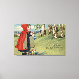 Lienzo Chica de capucha roja entregando huevos a conejos