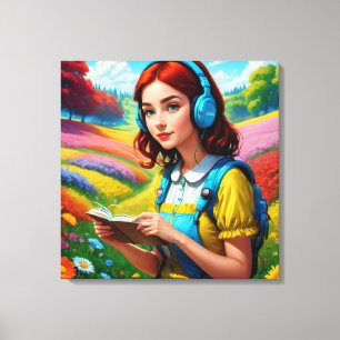 Lienzo Chica de lectura con audífonos paisaje colorido