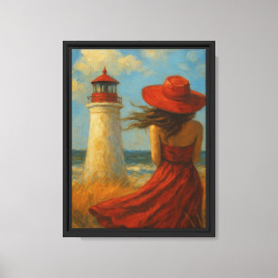 Lienzo Chica de vestido rojo por el faro del mar