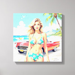Lienzo Chica en la playa con un coche clásico