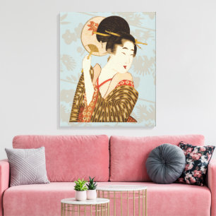 Lienzo Chica Geisha Japonesa Vintage con Kimono y Abanico