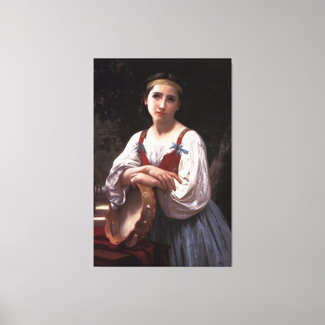 Lienzo Chica gitano de Bouguereau con tambor vasco (1867) (Anverso)