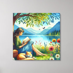 Lienzo Chica leyendo un libro bajo un árbol con un gato s