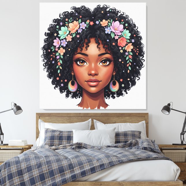 Lienzo Chica Negra Adorable Con Corona De Flores Afro (Insitu(Dormitorio))