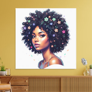 Lienzo Chica Negra Caprichosa con Afro Adornado con Flore