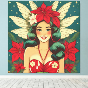 Lienzo Chica Pin-Up Retro de Navidad Tropical de los 50