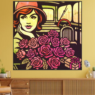 Lienzo Chica Retro en Coche Antiguo con Rosas