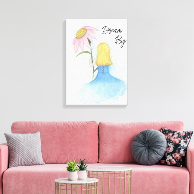 Lienzo Chica soñadora sostiene flor gigante "Sueño grande (Insitu (Sala de estar))