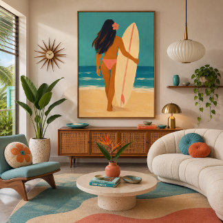 Lienzo Chica surfista de la playa hawaiana pintada