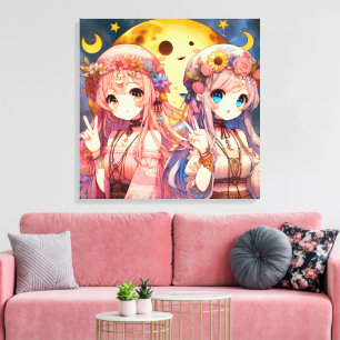 Lienzo Chicas de la Luna Hippie, Chica anime, dan un sign