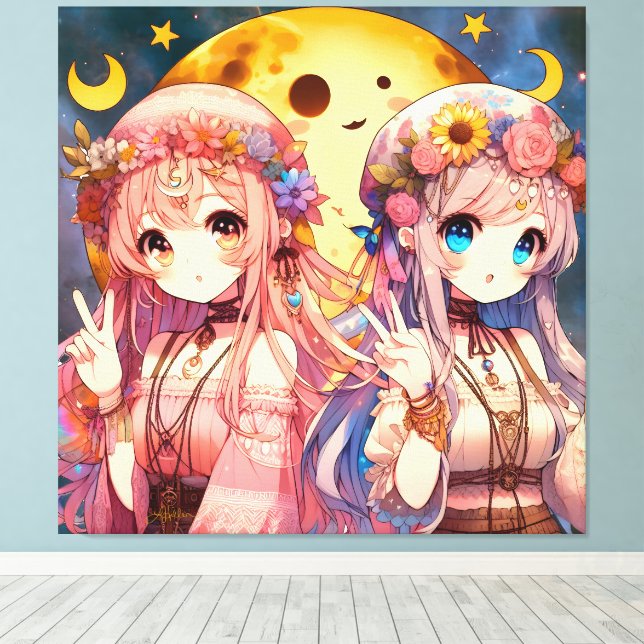 Lienzo Chicas de la Luna Hippie, Chica anime, dan un sign (Insitu (piso de madera))