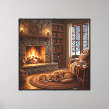 Chimenea de cabaña acogedora - Perro y gato durmie