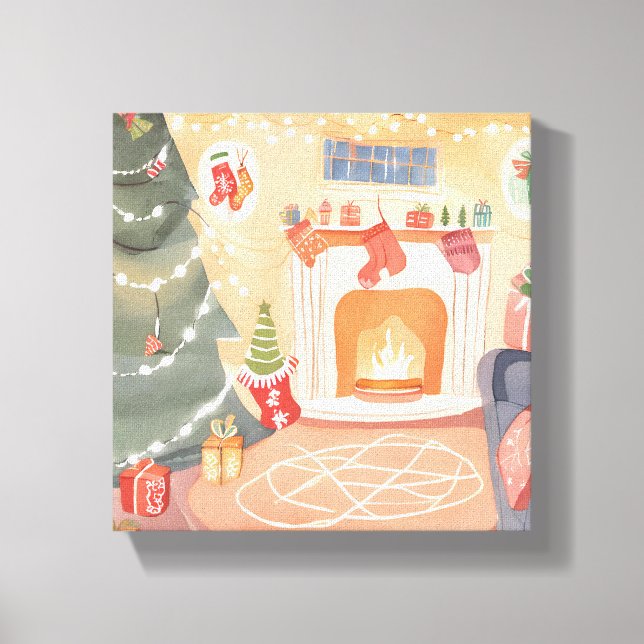 Lienzo Chimenea de Navidad en acuarela (Anverso)