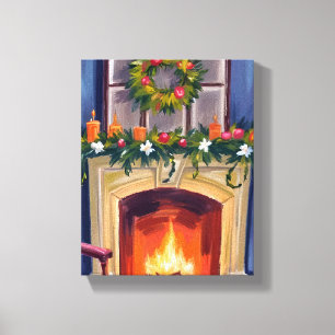 Lienzo Chimenea Festiva Corona de Navidad Acuarela
