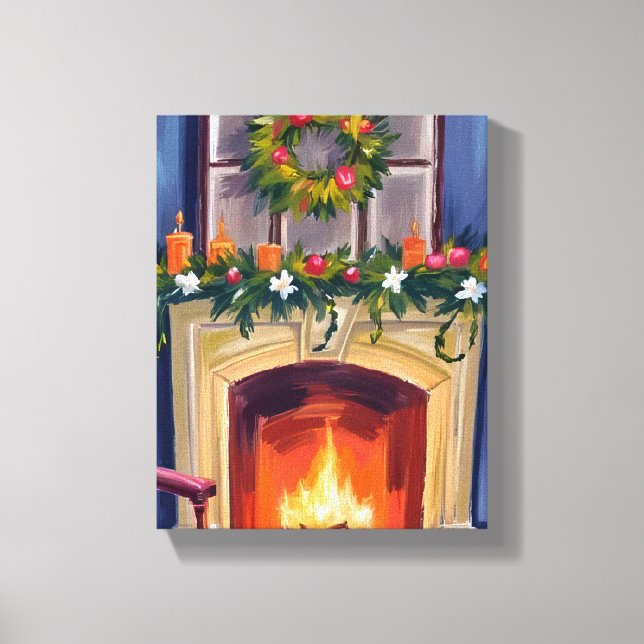Lienzo Chimenea Festiva Corona de Navidad Acuarela (Anverso)