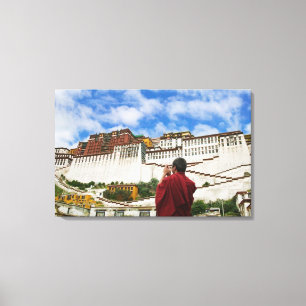 Lienzo China, Tíbet, Lhasa, monje tibetano con Potala