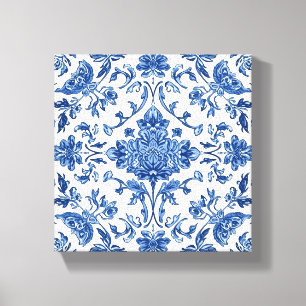 Lienzo Chinoisería Floral Azul Acuarela Blanca