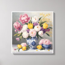 Chinoiserie Blue White Vase Peonies Tulips