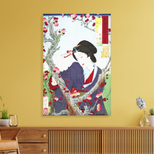 Lienzo Chinoiserie Dama Japonesa y Flor de Cerezo Roja
