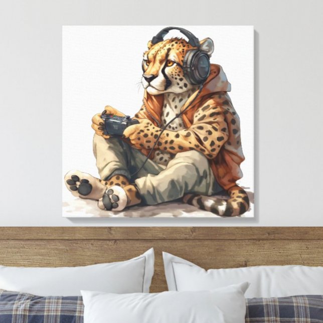 Lienzo Chita de tela jugando videojuegos para niños (Funny cheetah playing video games wearing headphones and hoodie kids canvas print for gamers)