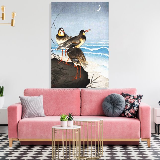 Lienzo Chorlitos y olas Ohara Koson 1926 (Insitu (Sala de estar))