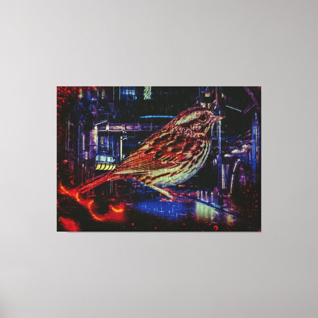 Lienzo Ciberpunk Sparrow en Neon Cityscape (Anverso)