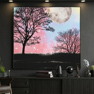 Lienzo Cielo de acuarela rosa y azul, árboles y luna