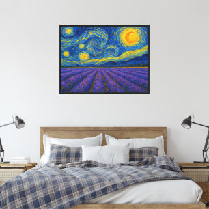 Lienzo Cielo nocturno giratorio sobre el campo de lavanda