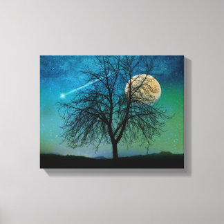 Lienzo Cielo opalescente, árbol, luna de cosecha, estrell