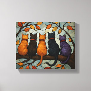 Lienzo Cinco Gatos en una Rama de Árbol Estilo Vidrio Pin