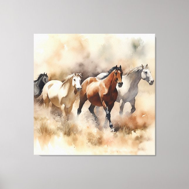 Lienzo “Cinco Mustangs Galopando” Acuarela del Oeste Polv (Anverso)