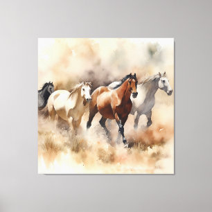 Lienzo “Cinco Mustangs Galopando” Acuarela del Oeste Polv