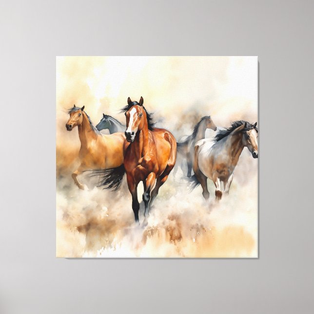 Lienzo “Cinco Mustangs Salvajes” Acuarela Occidental Polv (Anverso)