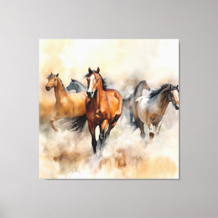 Lienzo “Cinco Mustangs Salvajes” Acuarela Occidental Polv